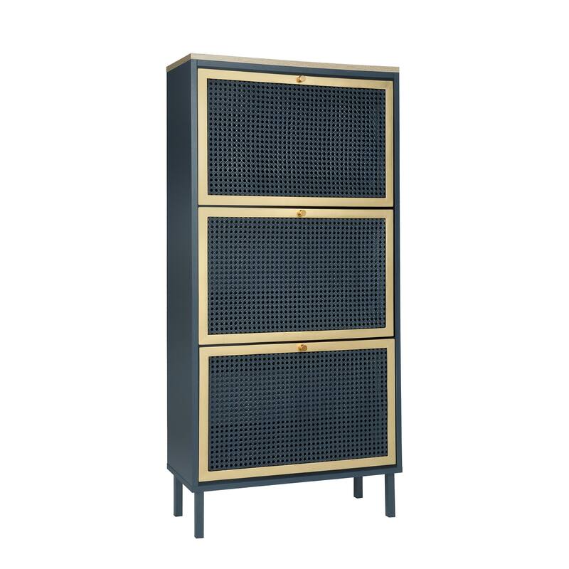 GDFStudio - Honeycomb Metal Rattan Modern Shoe Storage Cabinet with 3 Doors