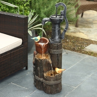 Farmhouse Resin Well and Wood Posts Outdoor Fountain with LED Light