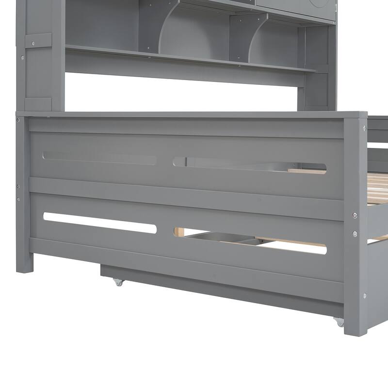 Space-Saving Full Size Daybed with Twin Trundle, Wooden Platform Bed Frame with All-in-One Cabinet & Shelf, No Box Spring Needed