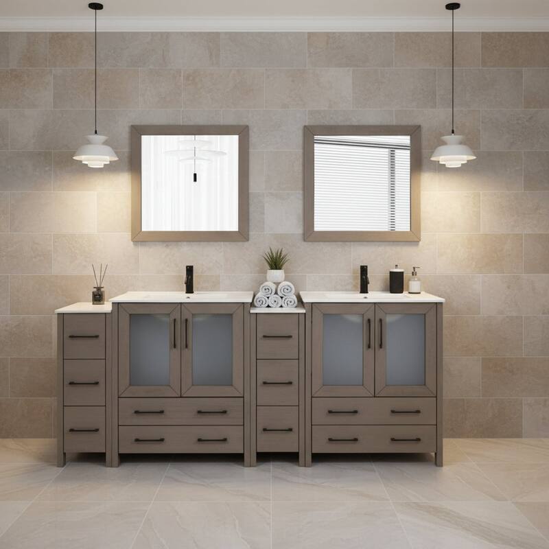 Vanity Art 84" Double Sink Bathroom Vanity Set 10 Dove-Tailed Drawers 4 Cabinets 2 Shelves, Soft-Closing Doors with Free Mirror - Driftwood Gray