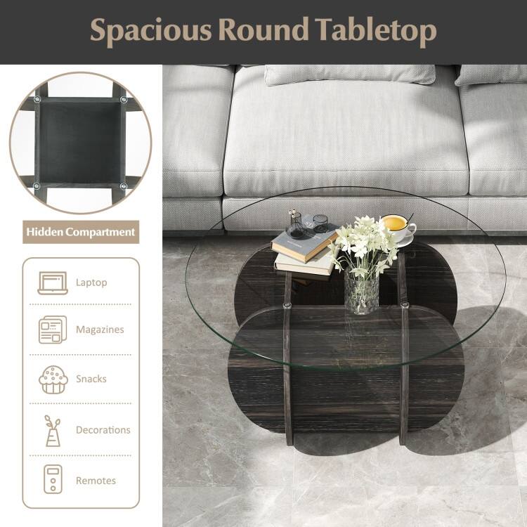 Black Tempered Glass Rubber Wood Round Coffee Table with Hidden Storage - 35" x 35" x 18"