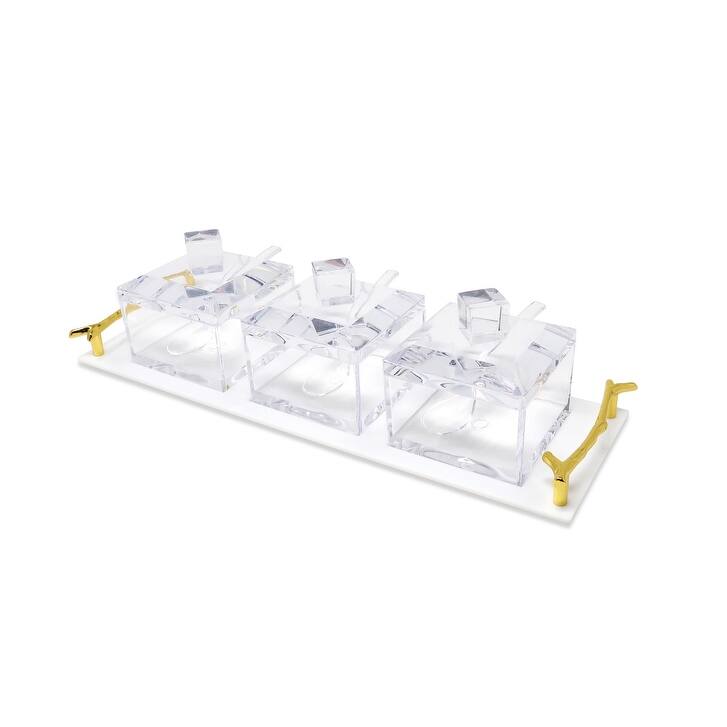 3 Bowl Acrylic Serving Dish on Tray with Covers and Spoons - White