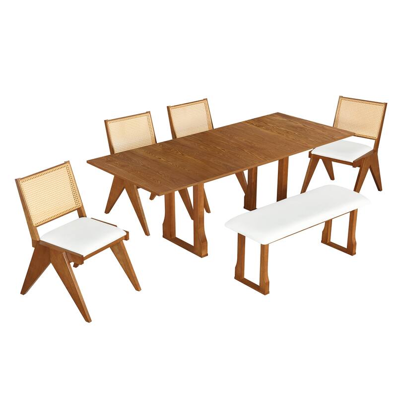 Roomfitters Modern 6-Piece 82.7" Extendable Dining Table Set with Wicker Back Chairs and Bench