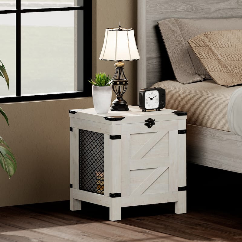 WAMPAT Lift Top End Table,Nightstand with Rustic Lock - Grey White - 1 Pack