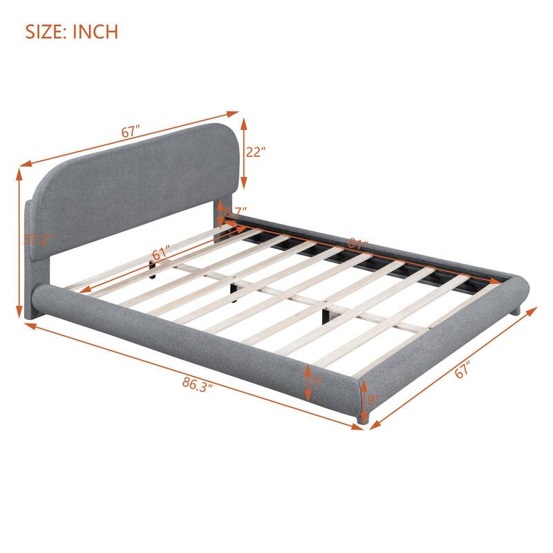 Full/Queen Size Teddy Fleece Upholstered Bed with Thick Fabric, Platform Bed Frame with Headboard & Stylish Curve-shaped Design