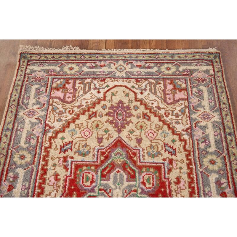 Geometric Beige Heriz-Serapi Foyer Rug Hand-Knotted Wool Carpet - 3'0" x 5'1"