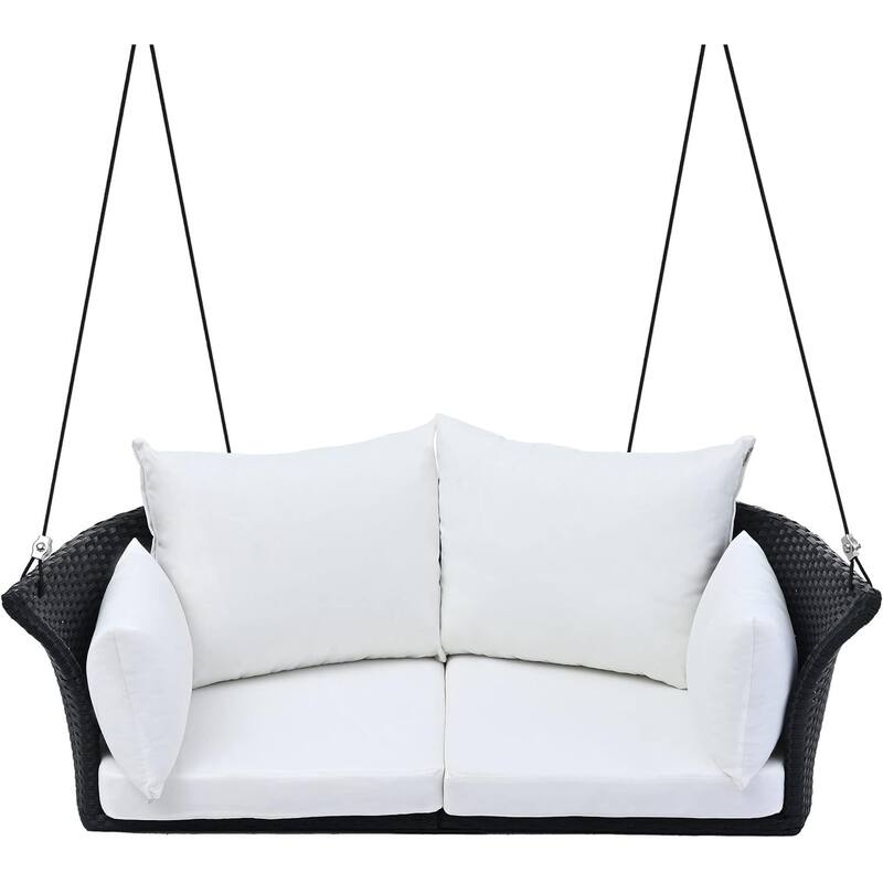 Roomfitters 2-Person Hanging Seat, Rattan Woven Swing Chair, Porch Swing with Ropes, Gray Wicker and Cushion