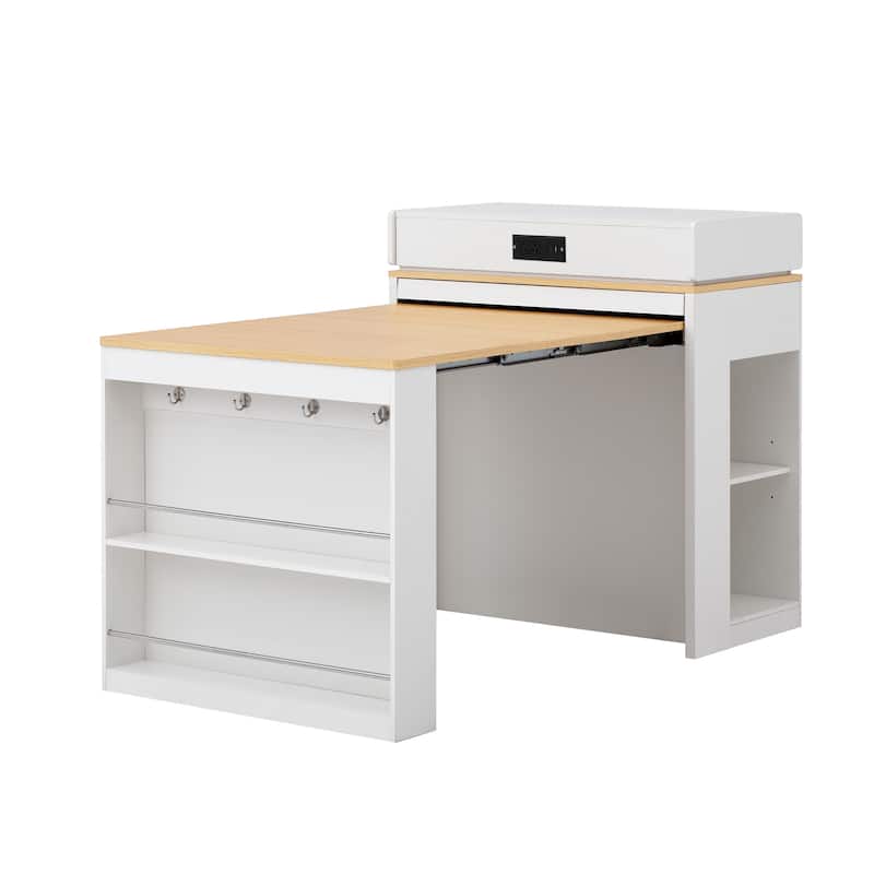 Extendable Dining Table with Folding Tabletop, Bar Table with Drawers and Power Outlet, Kitchen Island with Wheels and Hooks