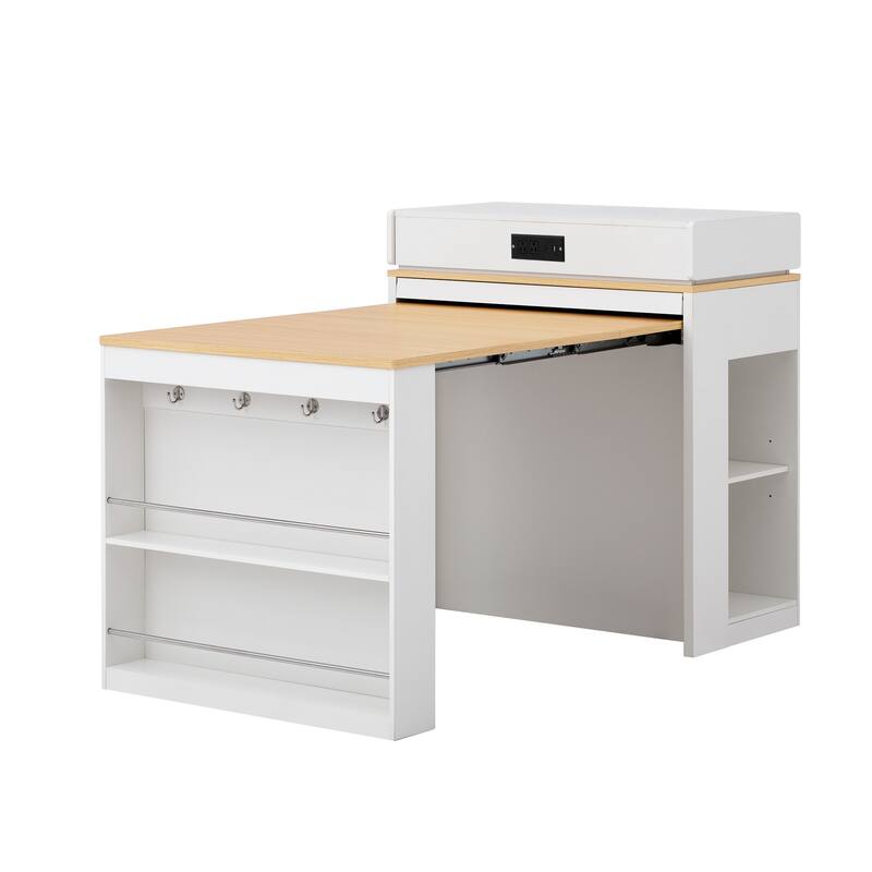 Extendable Kitchen Island Dining Table with Power Outlet, Rolling Sideboard with Folding Tabletop & Drawers