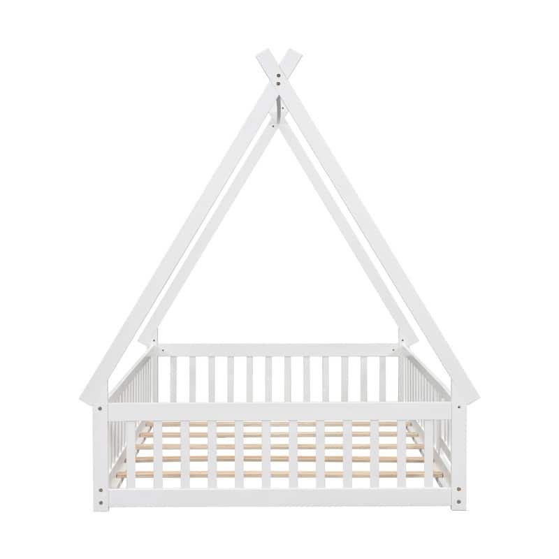 Tent-shaped Full Size Floor Bed with Guardrails, Slats, Door, for Kids