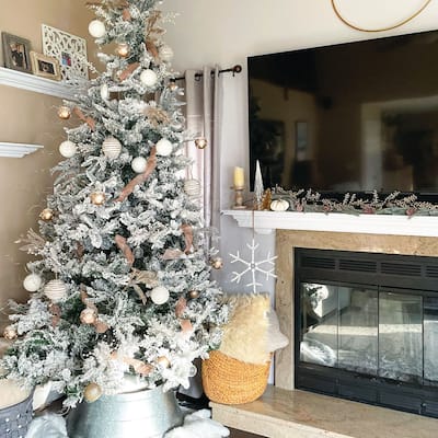 Fraser Hill Farm 6.5-Ft. Flocked Mountain Pine Christmas Tree with Clear LED String Lighting - 6.5 Foot