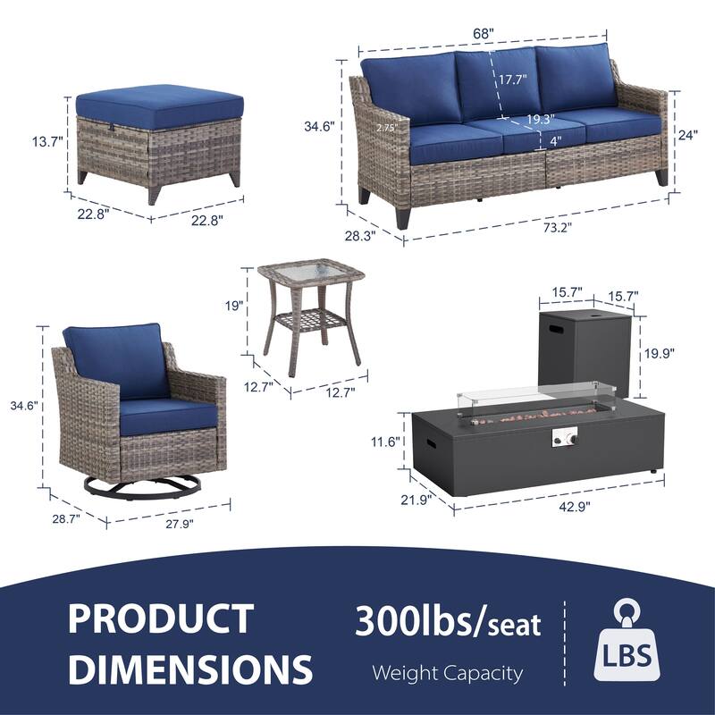 Glissia 7-Piece Gray Wicker Fire Pit Conversation Set with Modern Steel Fire Pit