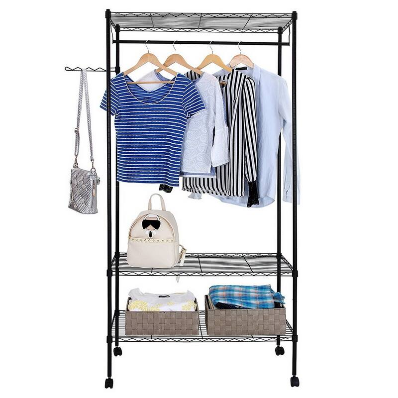 2-Tier Closet Organizer Garment Rack Clothes Storage Hanger Shelf with Hooks - 90*45*H180CM