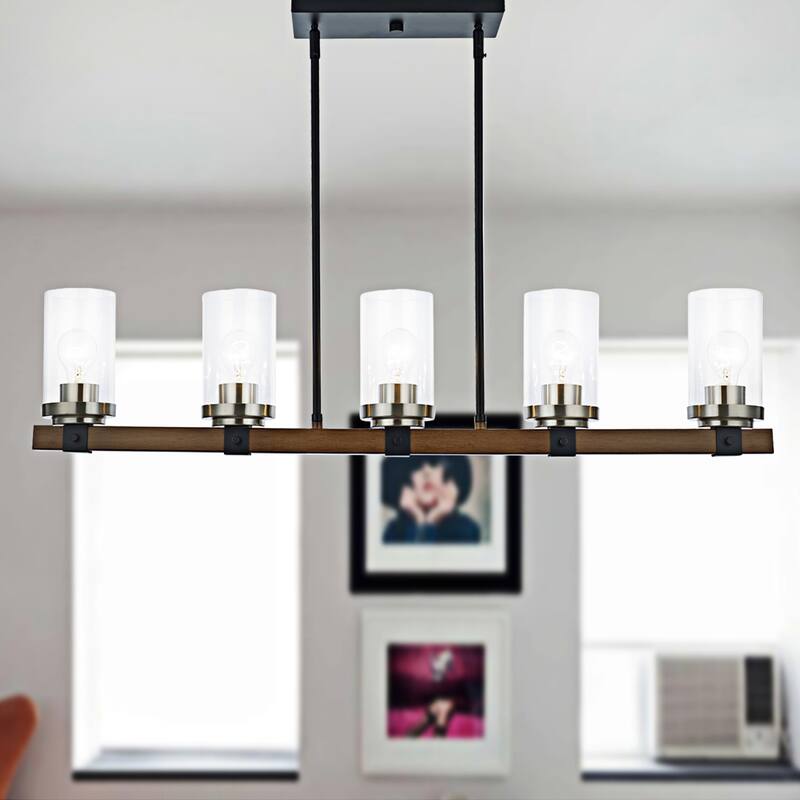 Simone Black+Barnwood+Brushed Nickel 5-Light Linear Chandelier with Cylinder Glass Shades
