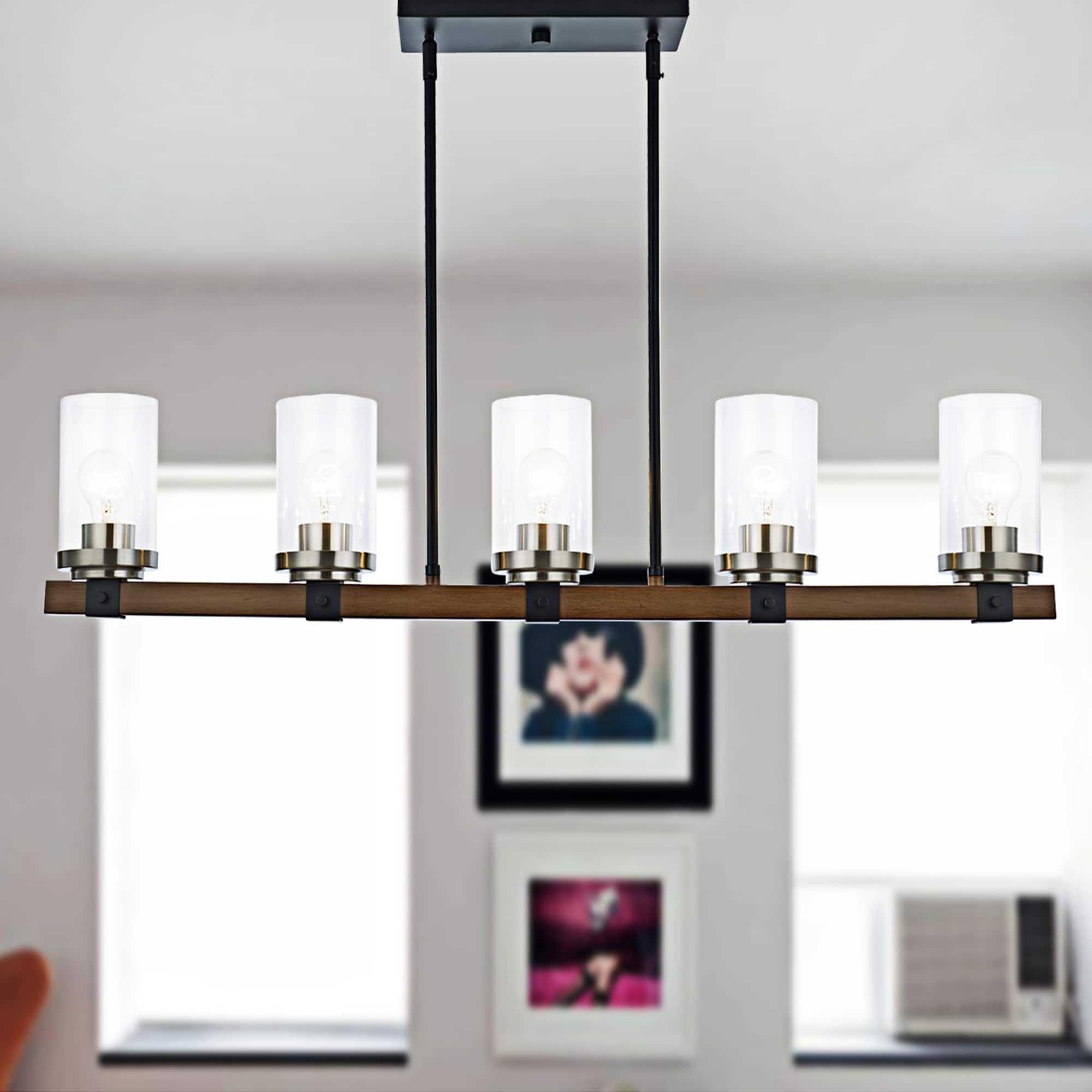 Warehouse of Tiffany Simone Black+Barnwood+Brushed Nickel 5-Light Linear Chandelier with Cylinder Glass Shades
