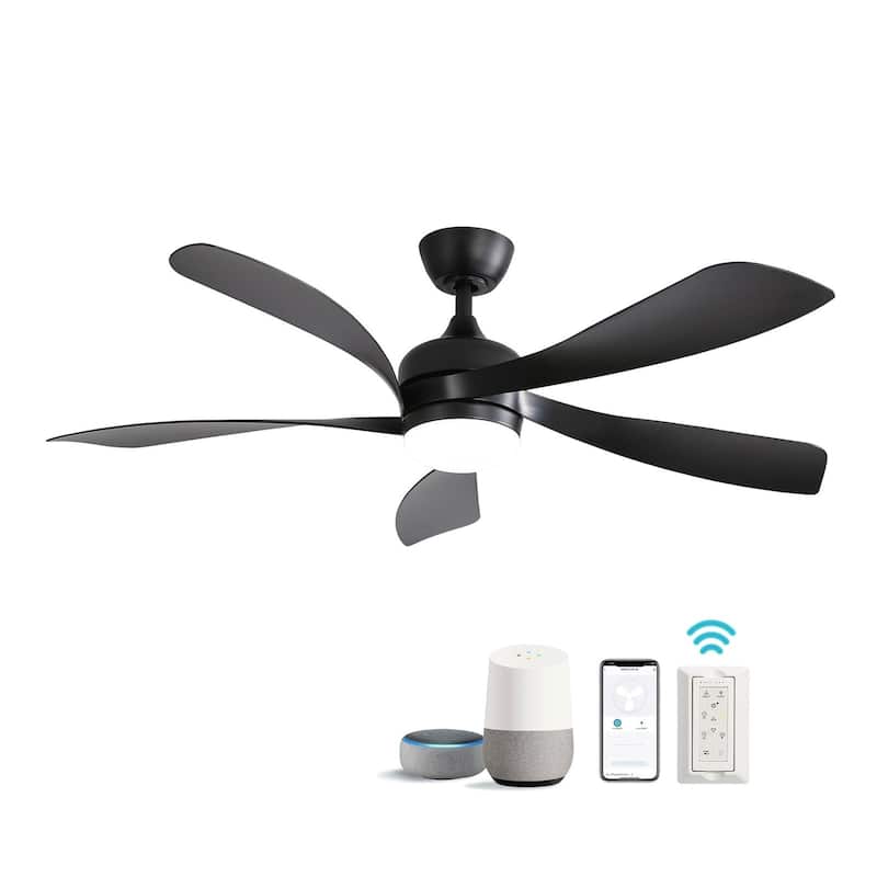 45 Inch / 52 Inch White Ceiling Fan with Dimmable LED Light and Remote, 6-Speed Reversible DC Motor, ABS Blades - Smart 52 Inch With APP/Voice/Remote Control - Black With Deep Black ABS Blades