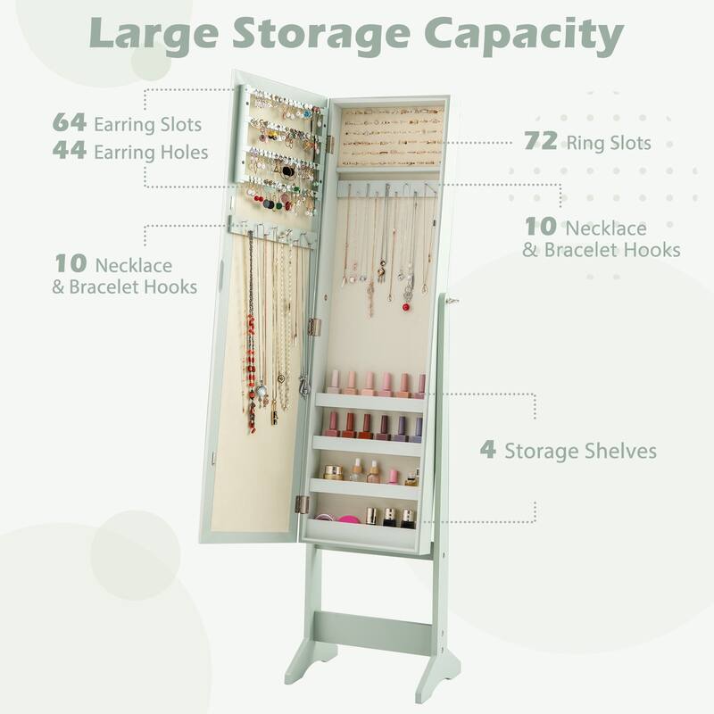 Gymax Mirrored Jewelry Armoire Standing Jewelry Cabinet w/ Full-Length