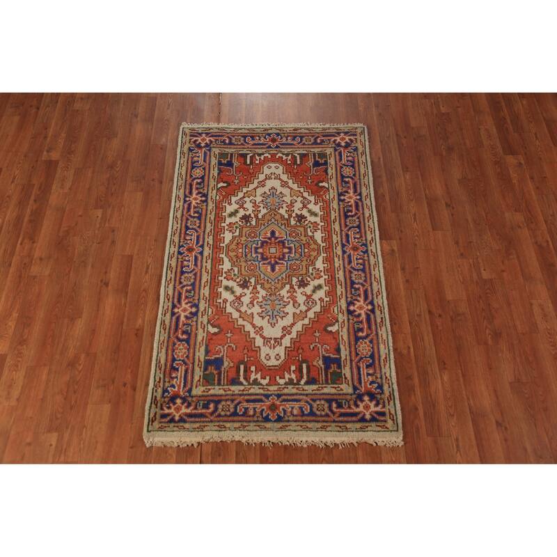 Ivory & Orange Heriz Serapi Indian Foyer Rug Handmade Wool Carpet - 3'0"x 5'1"