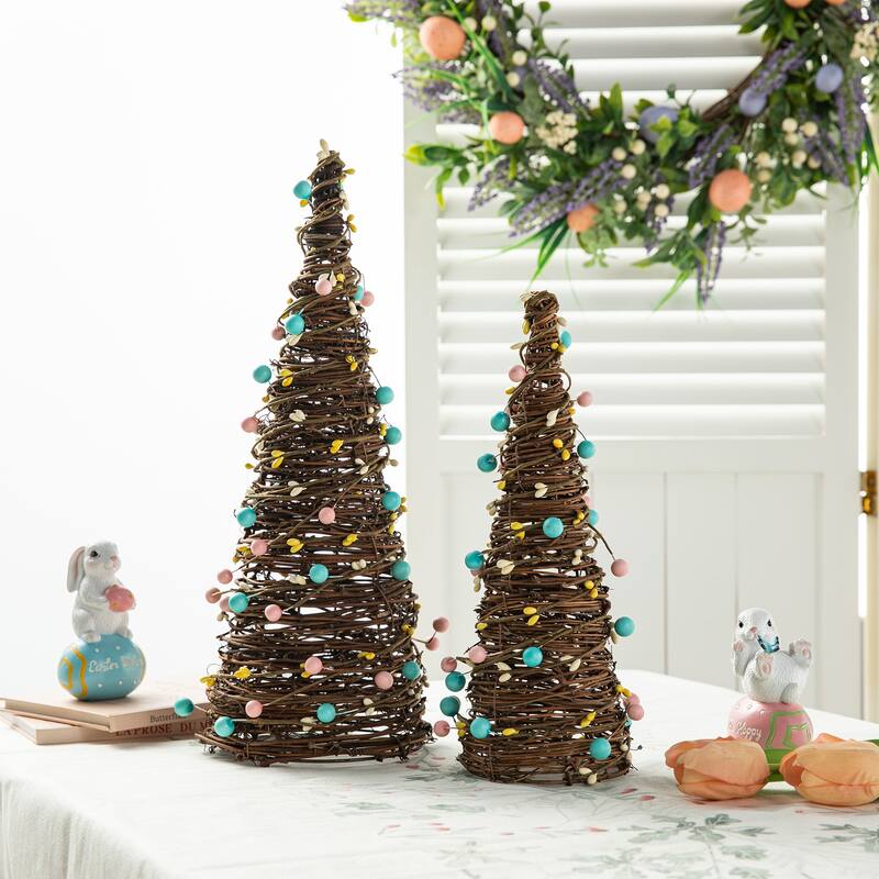 Glitzhome Set of 2 Easter Table Tree with Rattan and Berries