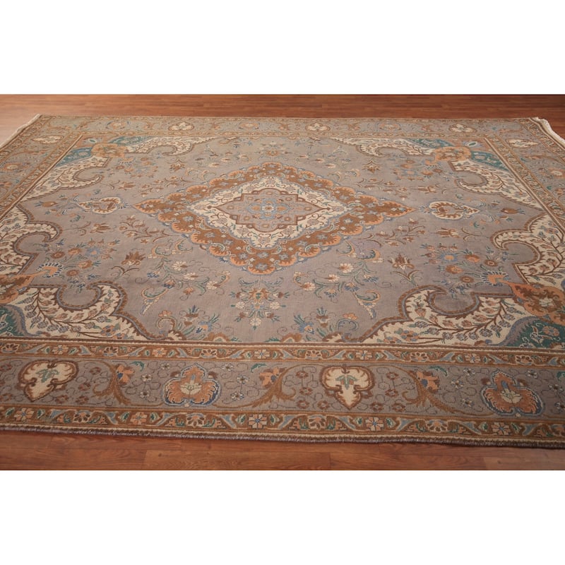 Gray Tabriz Persian Vintage Area Rug Handmade Wool Carpet - 9'6" x 12'9"