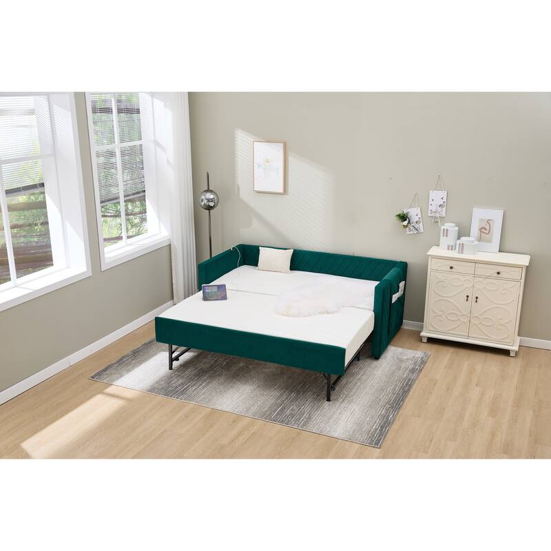 Twin Size Upholstered Daybed with Trundle, Velvet Sofa Bed with USB Port & Side Pockets, Modern V-Grained Backrest Guest Bed