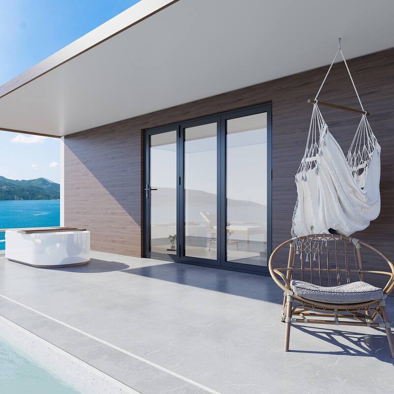 KaMic 108"×96" 3 Panels Aluminum Folding Door In Black,Folded Out From Left To Right Model #:FD3PBK10896-LR