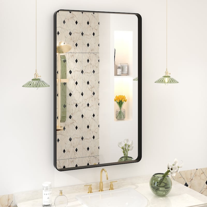 Aluminum Alloy Framed French Cleat Mounted Tempered Glass Wall Vanity Mirror - 40" x 24" - Black