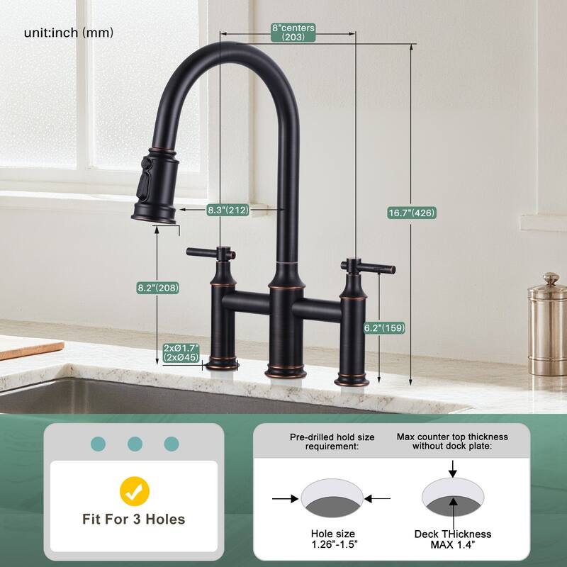 WOWOW Double Handle Pull Down Sprayer Bridge Kitchen Faucet
