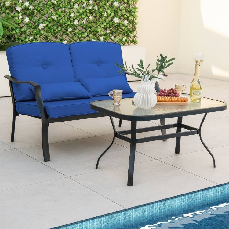 Outdoor Loveseat Chair Set with Tempered Glass Coffee Table - 48" x 30" x 29"