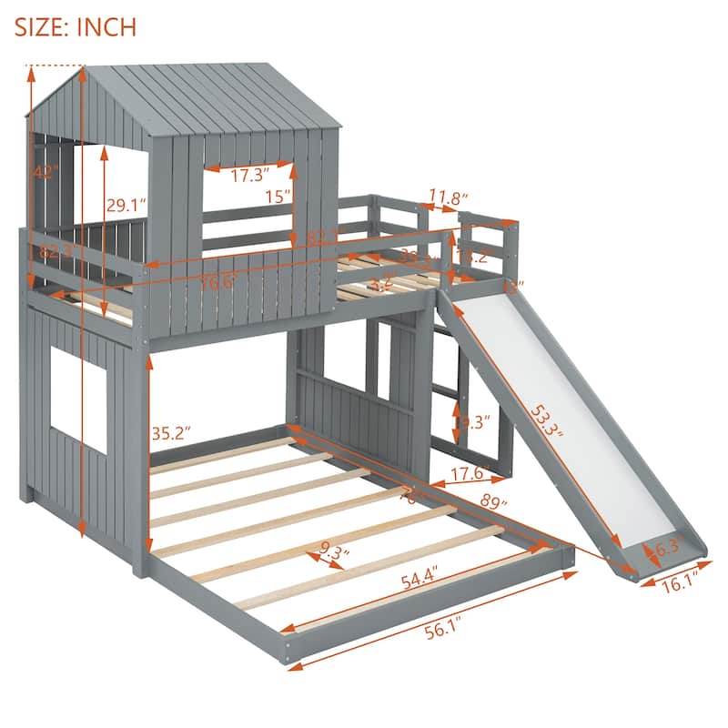 Playhouse Twin Over Full Bunk Bed with Windows and Slide, Solid Pine Wood Frame