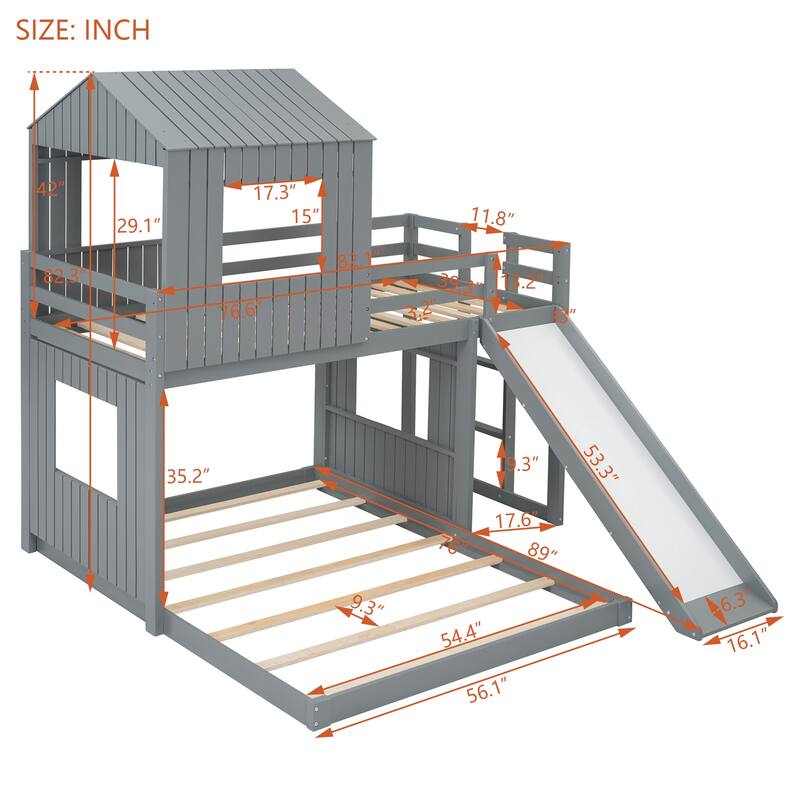Twin Over Full Treehouse Style Bunk Bed with Ladder, Slide, and Guardrail for Kids