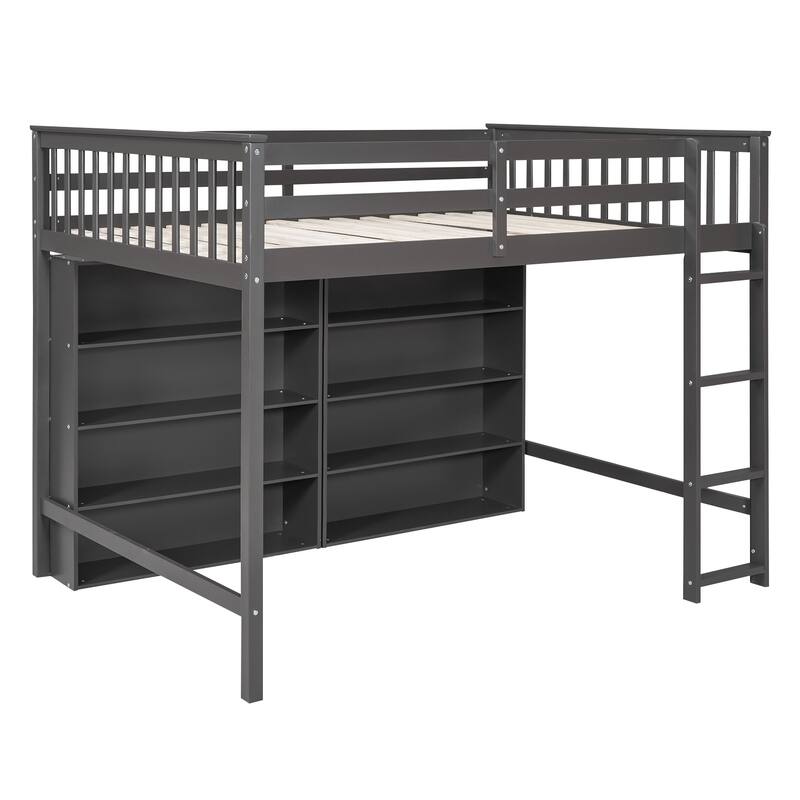 Loft Bed with All-in-One 8 Open Storage Shelf and 4 Step Ladder, Wood Loft Bed Slat Support for Kids Teens