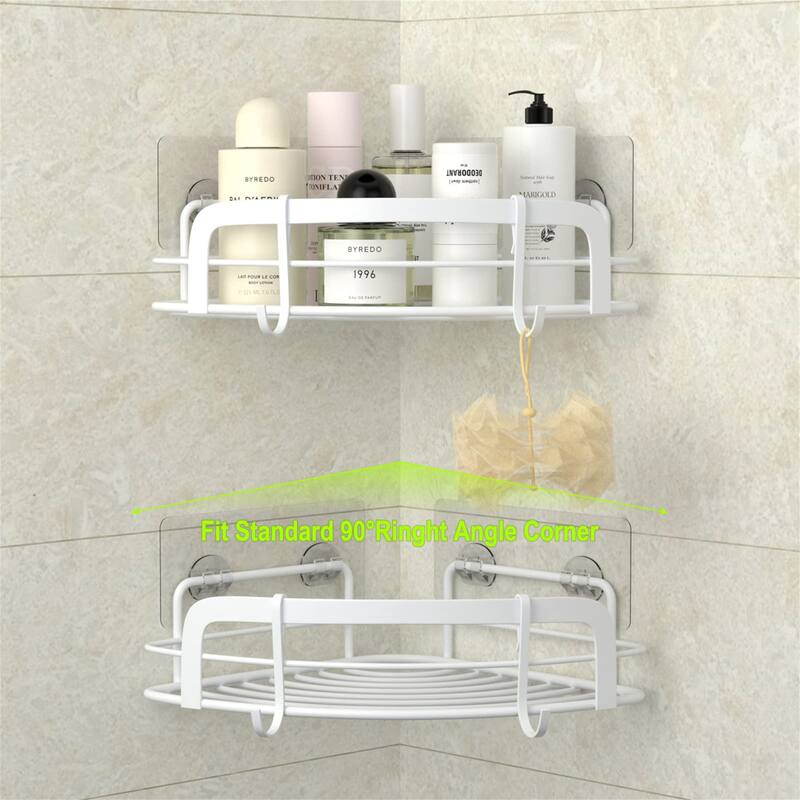 2 Pack Adhesive Wall Mounted Shower Caddy with 4 Movable Hooks
