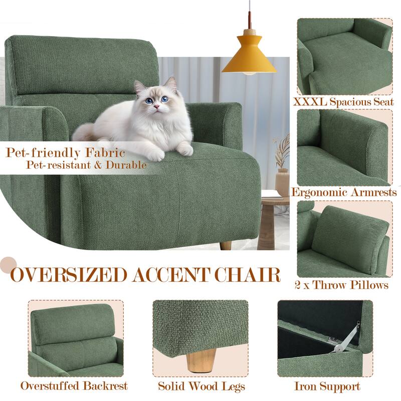 Mid-Century Wide & Deep Seat Accent Armchair with Srotage Ottoman
