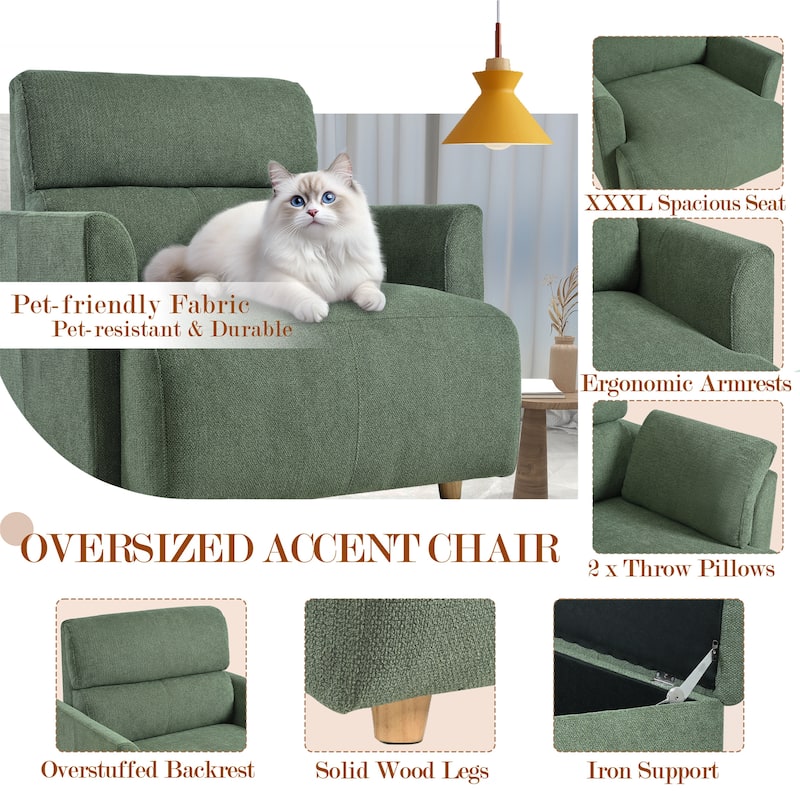 Oversized Chair w/Storage Ottoman, Wide Accent Armchair Chair, Modern Lounge Chair, Upholstered Mid-Century Reading Chair