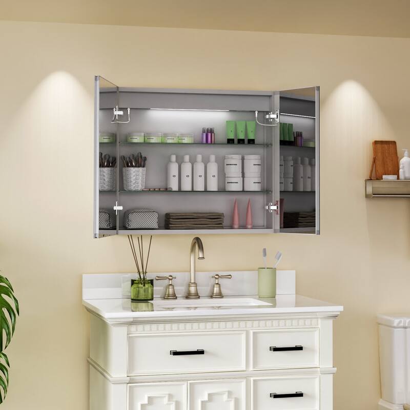 ExBrite LED Lighted Bathroom Medicine Cabinet with Mirror,Recessed or Surface Mount,Defog, Stepless Dimming - 30'' x 26''