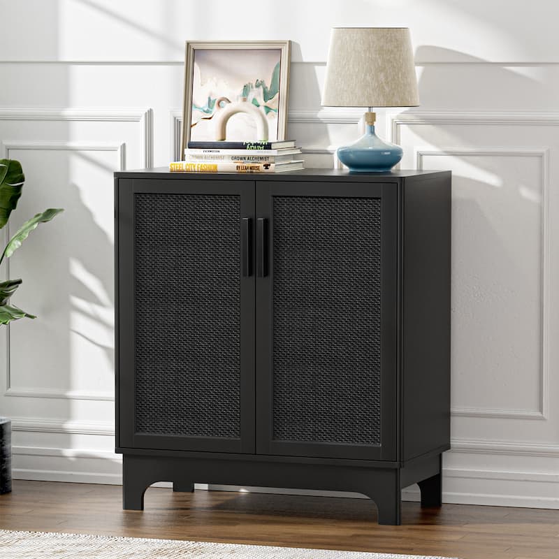 Anmytek Modern 2-Door Black Buffets Sideboards Rattan Kitchen Storage Cabinet with Adjustable Shelf - 31.5" W x 15.7" D x 35" H