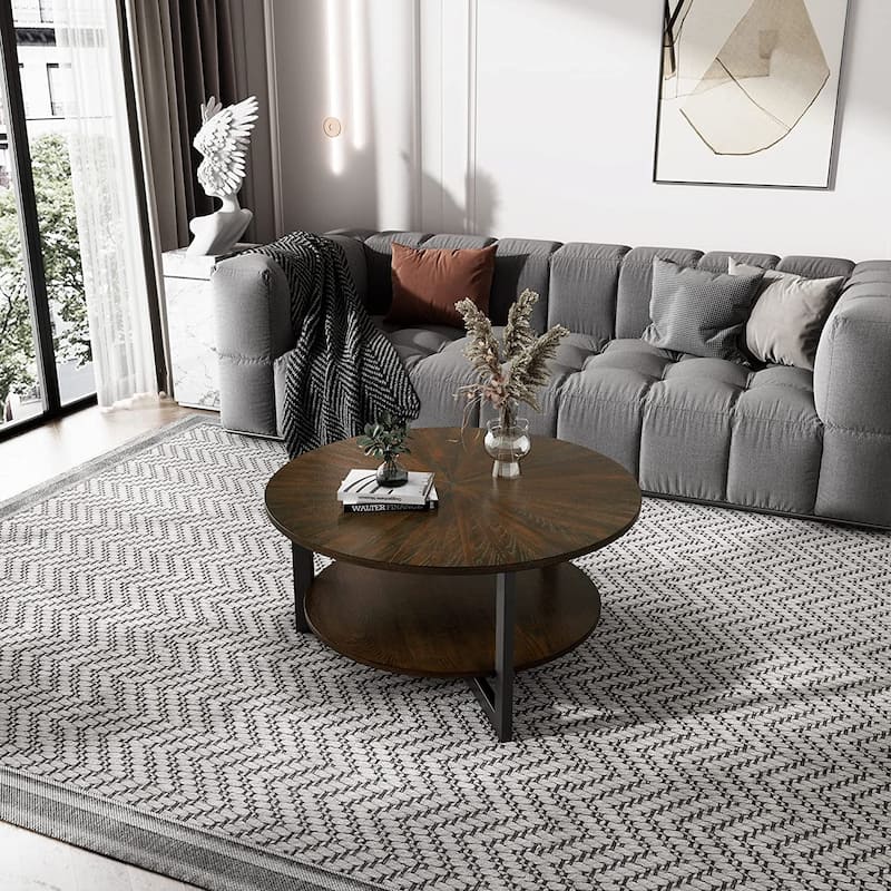 Round Coffee Table with Solid Wood Storage Circle Center Table