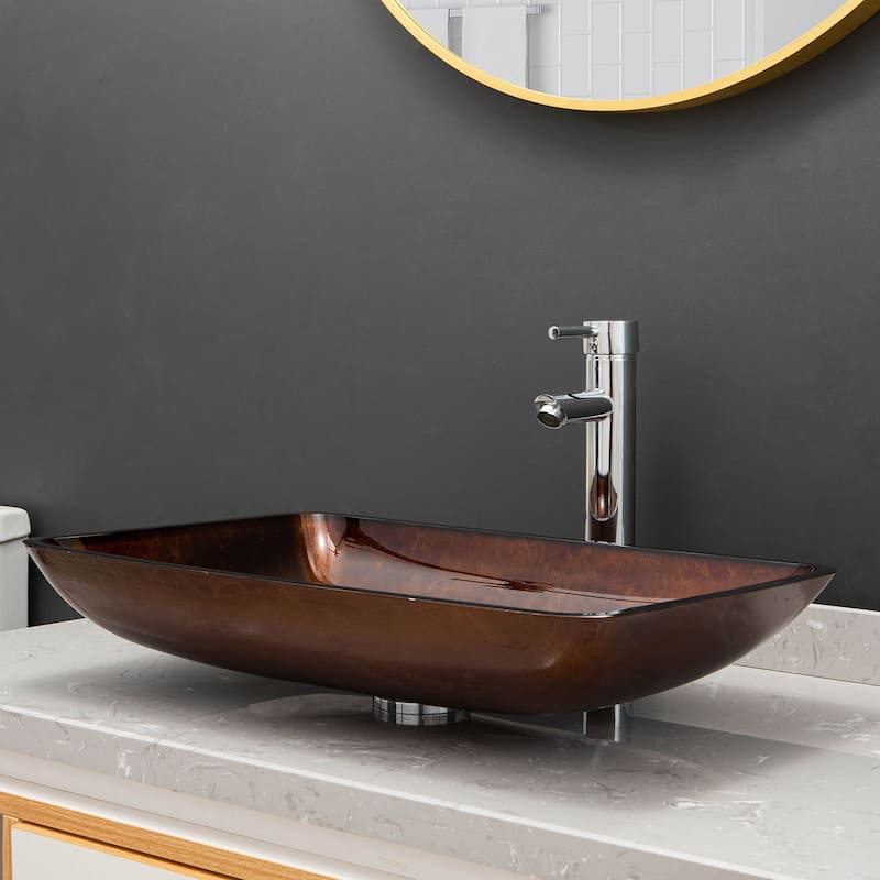 Vinnova Glass Rectangular Vessel Bathroom Sink without Faucet