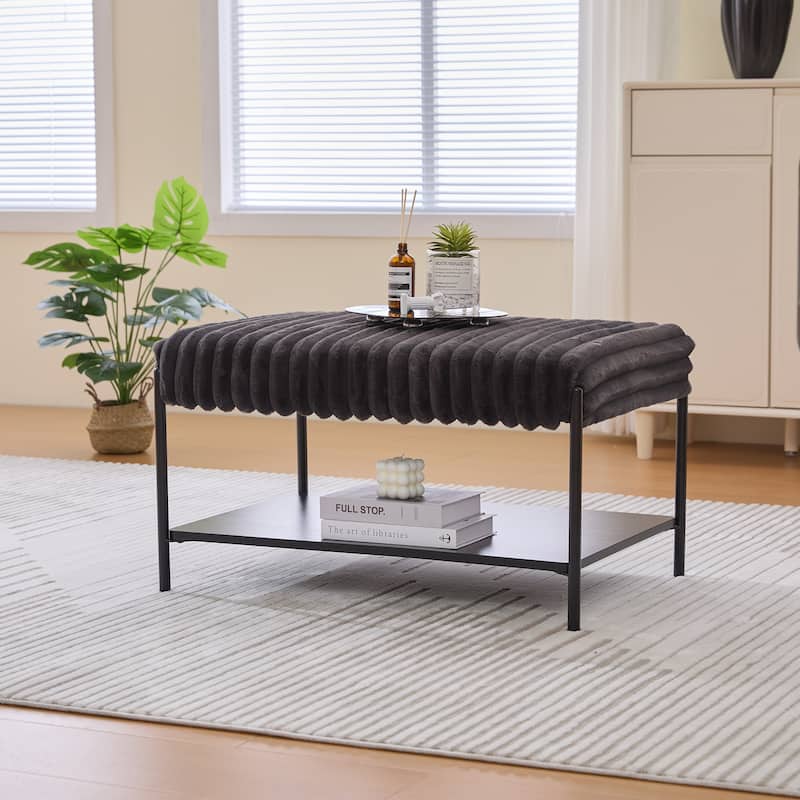 30.7"Wide Upholstered Ottoman Coffee Table Foot Rest With Metal Legs,Footstool With Wooden Open Storage Shelf,Faux Fur