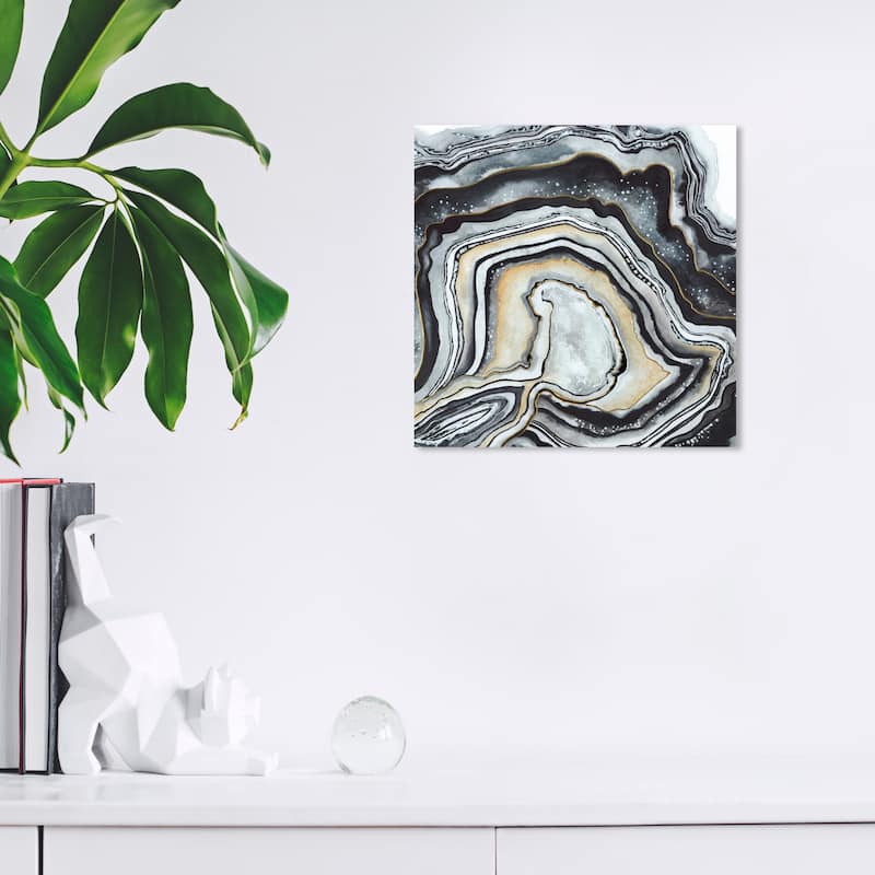 Wynwood Studio Canvas Abstract Monochrome geode Black and Metallic Gold Glam Wall Art Canvas Print - 12 x 12