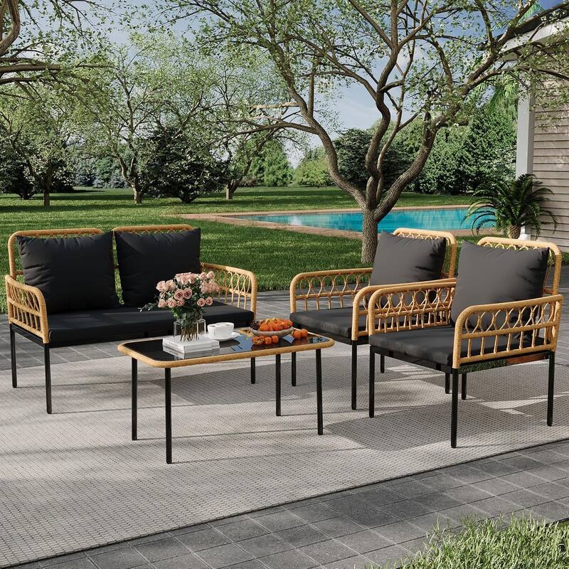 4-Piece Patio Rattan Wicker Furniture Set with Glass Coffee Table for Balcony