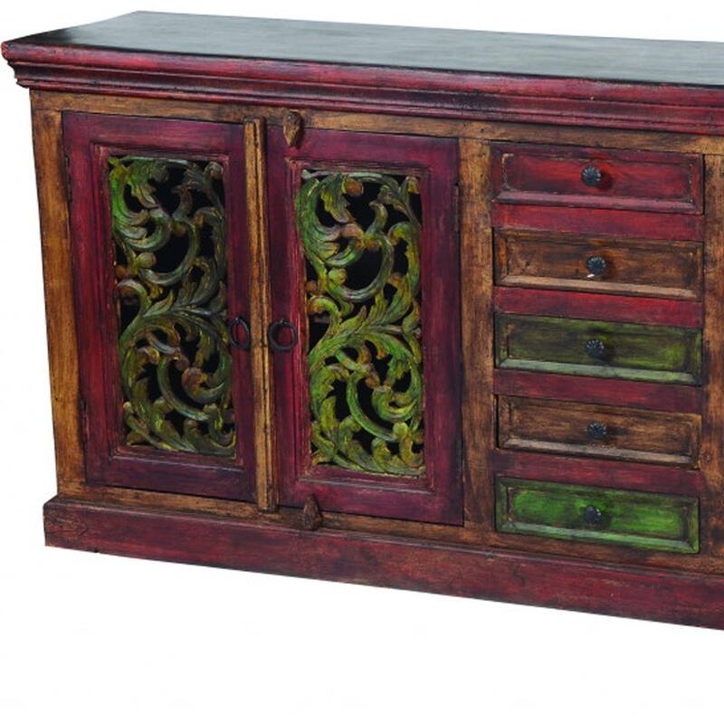 HomeRoots 84" Brown Gray and Green Solid Wood Five Drawer Buffet Table with Four Doors - 84.00 in. x 36.00 in. x 16.00 in.