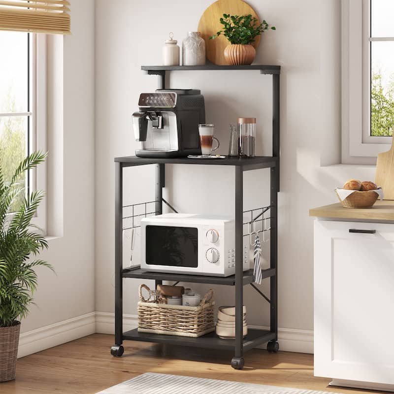 Kitchen Bakers Rack with Storage Shelves &USB Outlets, Microwave Oven Stand Kitchen Shelf Organizer - Black