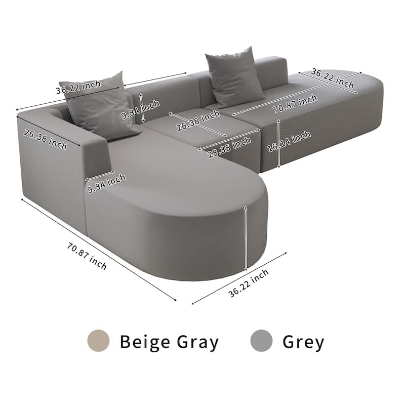 L Shaped Modular Sectional Sofa with Movable Ottoman, Corduroy Boneless Cloud Couch, Full-Compressed Deep Seat Sofa - Grey