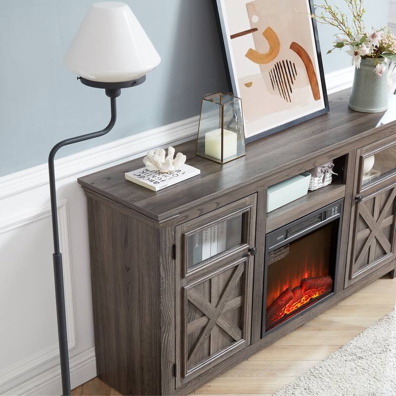 Farmhouse TV Stand, Media Stand With Fireplace Insert, Barn Design, and Adjustable Shelves, for Living Rooms and Bedrooms, Grey