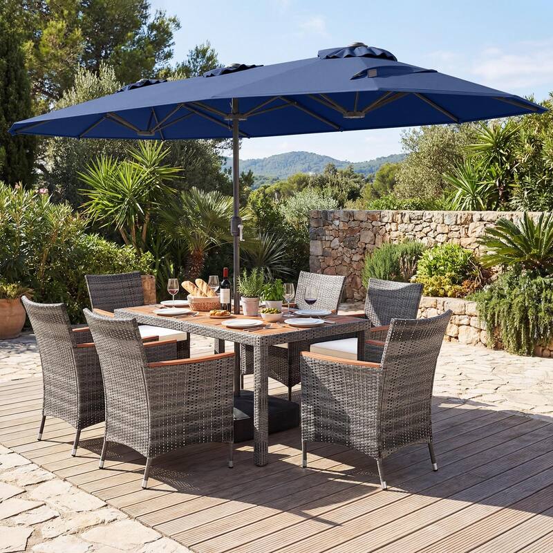 Gymax 8-Piece Patio Dining Set w/ Double-Sided Market Umbrella Acacia