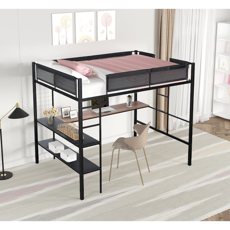 Black Full Size Metal Stell Loft Bed with Desk, Shelves, Noise-free Wood Slats and Comfortable Textilene Guardrail