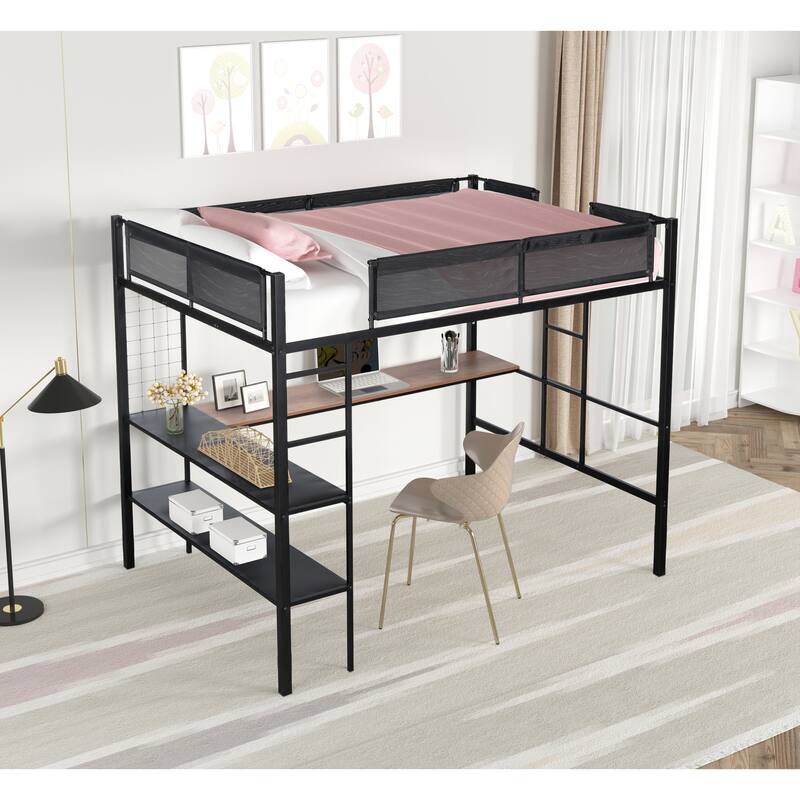 Metal Full Size Loft Bed with Built-In Desk, 2-Tier Shelves, and Side Ladders