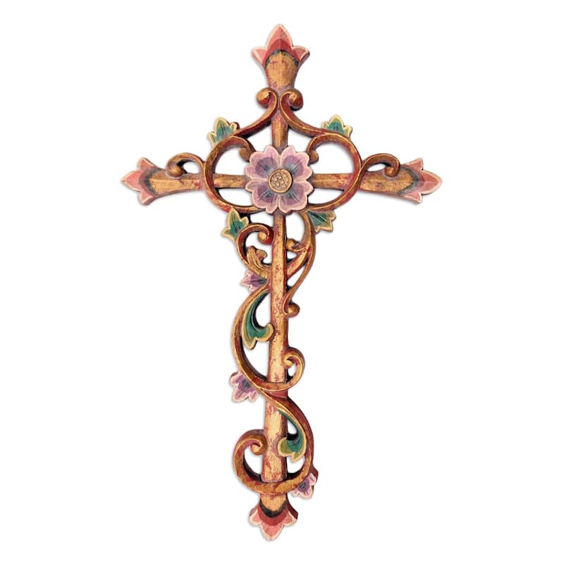 Novica Handmade Floral Faith Wood Relief Panel